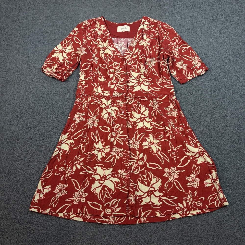 ba&sh Dress Womens Size 3 Large Red Soma Floral V-Neck Button Front Short Sleeve
